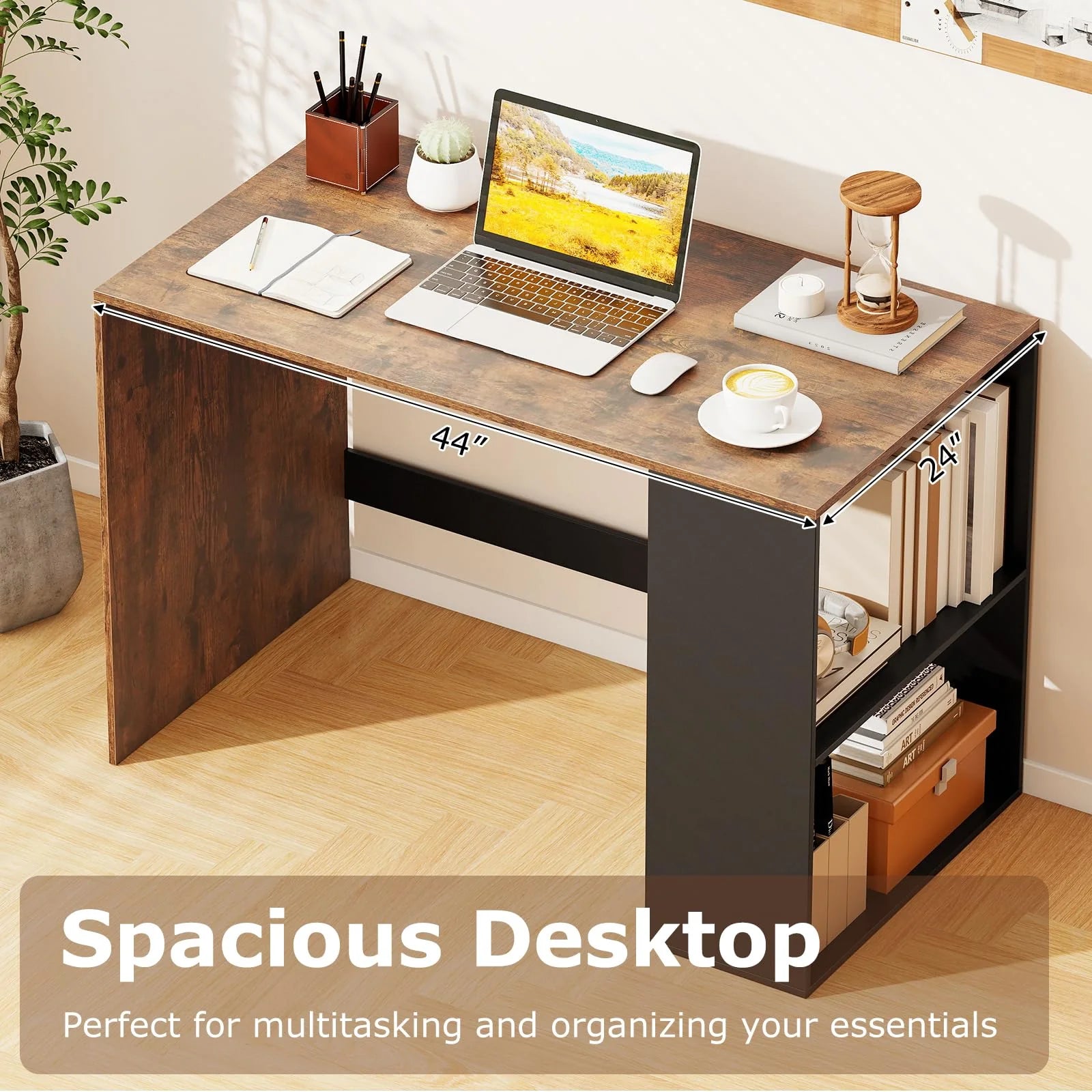 Tangkula 44 Inch Wooden Computer Desk with Bookshelf for Small Space