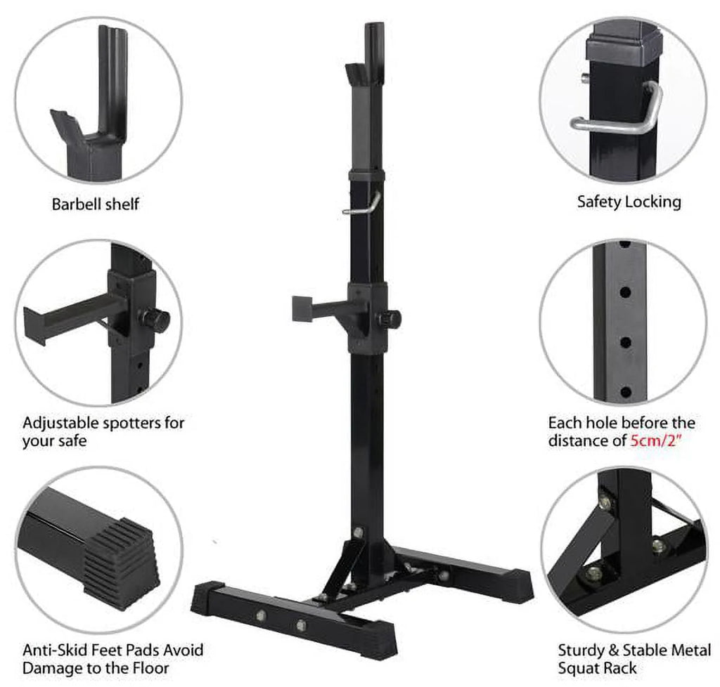 2 - Piece Adjustable Squat Stand Rack or Barbell Free Press Bench, Black