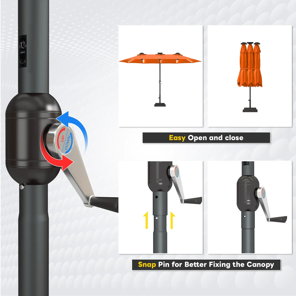AECOJOY 15ft Patio Double-Sided Umbrella, 156 PCS Solar LED Light Outdoor Large Umbrella, Orange
