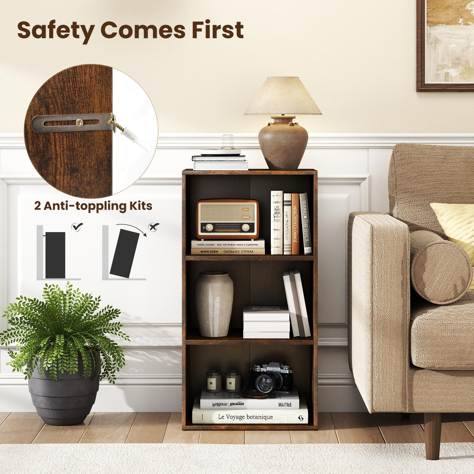 Tangkula 3-Cube Bookcase Floor Standing Open Bookshelf w/7-Position Adjustable Shelf