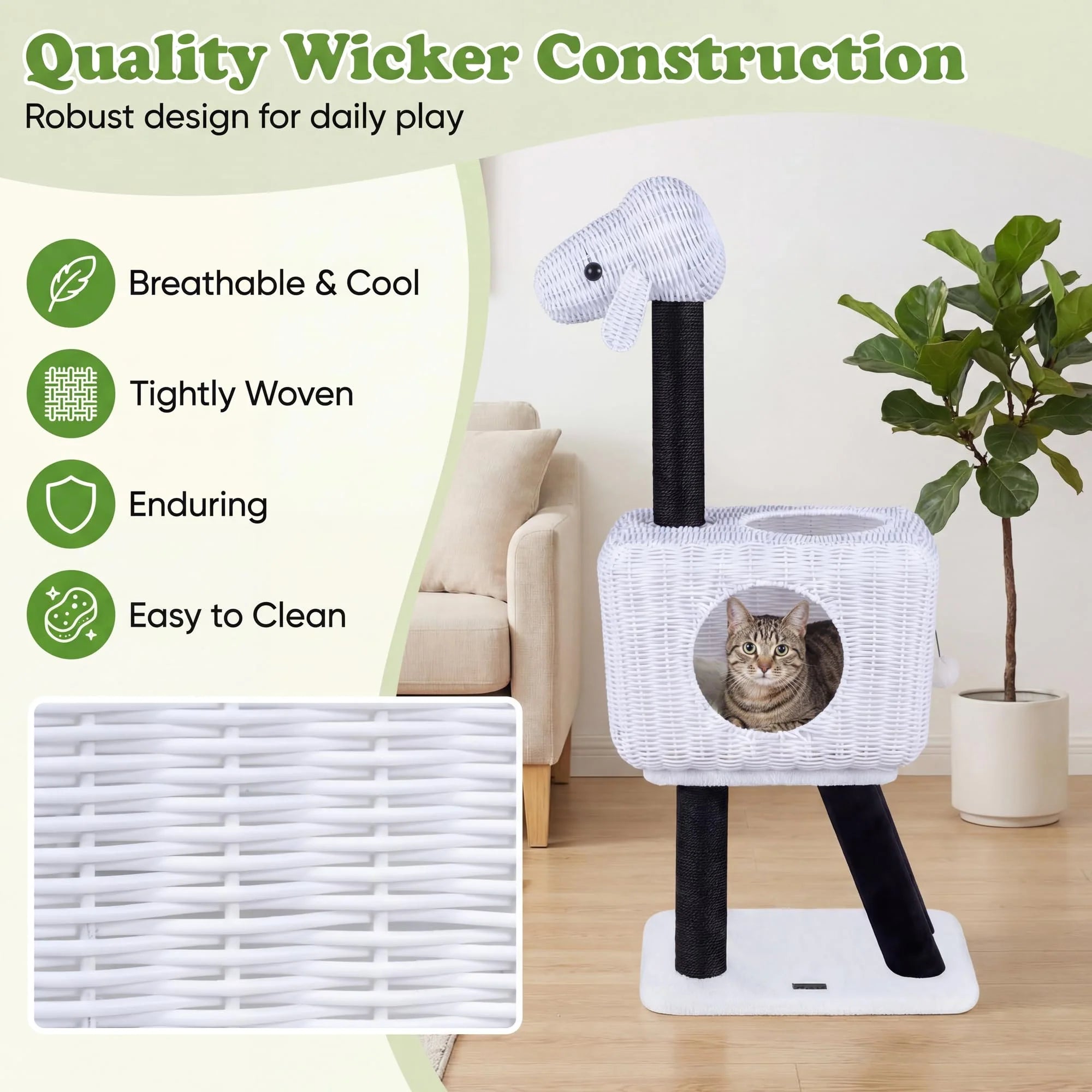 Tangkula 43 Inch Sheep-Shaped Cute Cat Tower with 2-Cave Large Wicker Condo