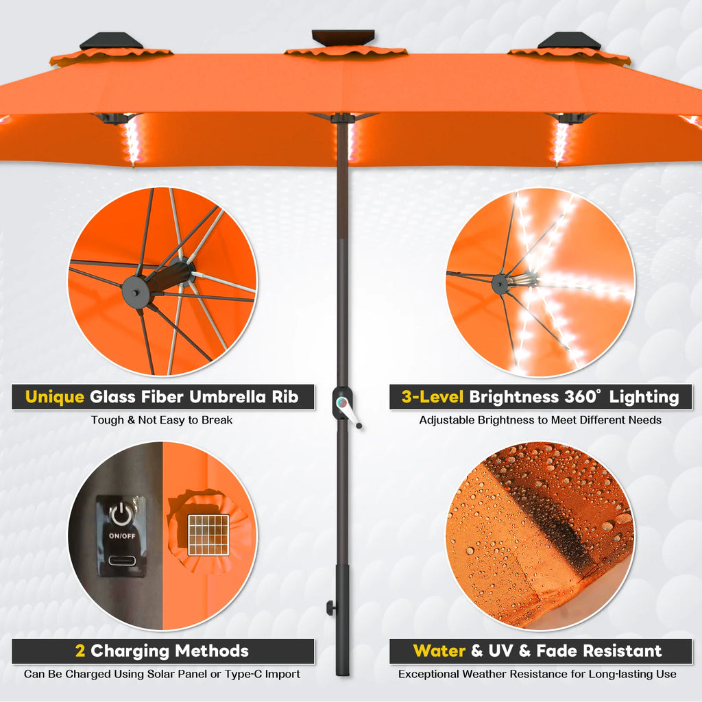 AECOJOY 15ft Patio Double-Sided Umbrella, 156 PCS Solar LED Light Outdoor Large Umbrella, Orange