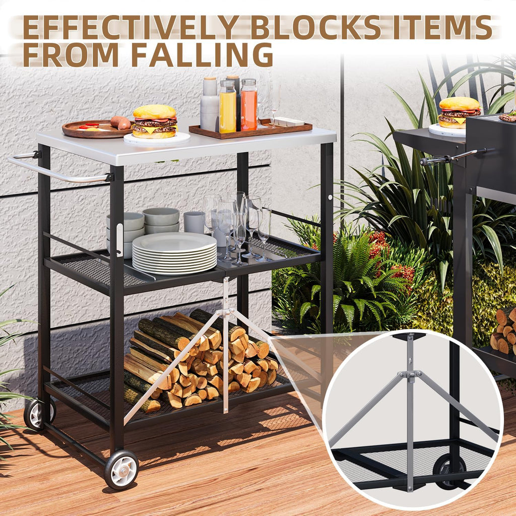 AECOJOY Outdoor Grill Cart Table, Stainless Steel Pizza Oven Stand Trolley Table with Wheels & Handle, Silver
