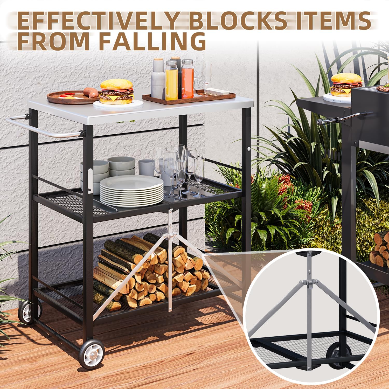AECOJOY Outdoor Grill Cart Table, Stainless Steel Pizza Oven Stand Trolley Table with Wheels & Handle, Silver