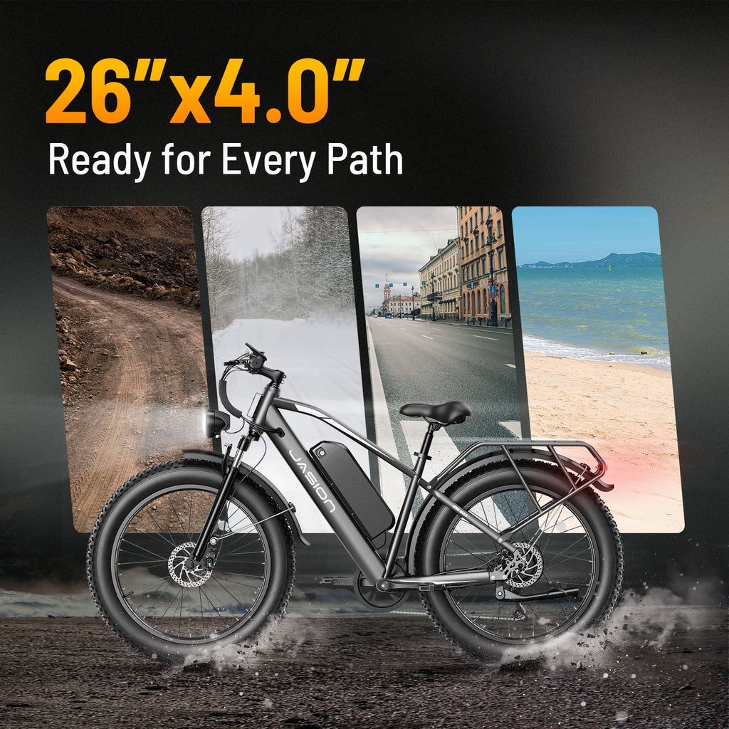 Jasion EB5 MAX Electric Bike for Adults, 750W Electric Mountain Bike with 48V 15ah Battery, 26'' Fat Tire Off - Road Ebike, 28MPH Shimano 7 Speed Bicycle UL2849