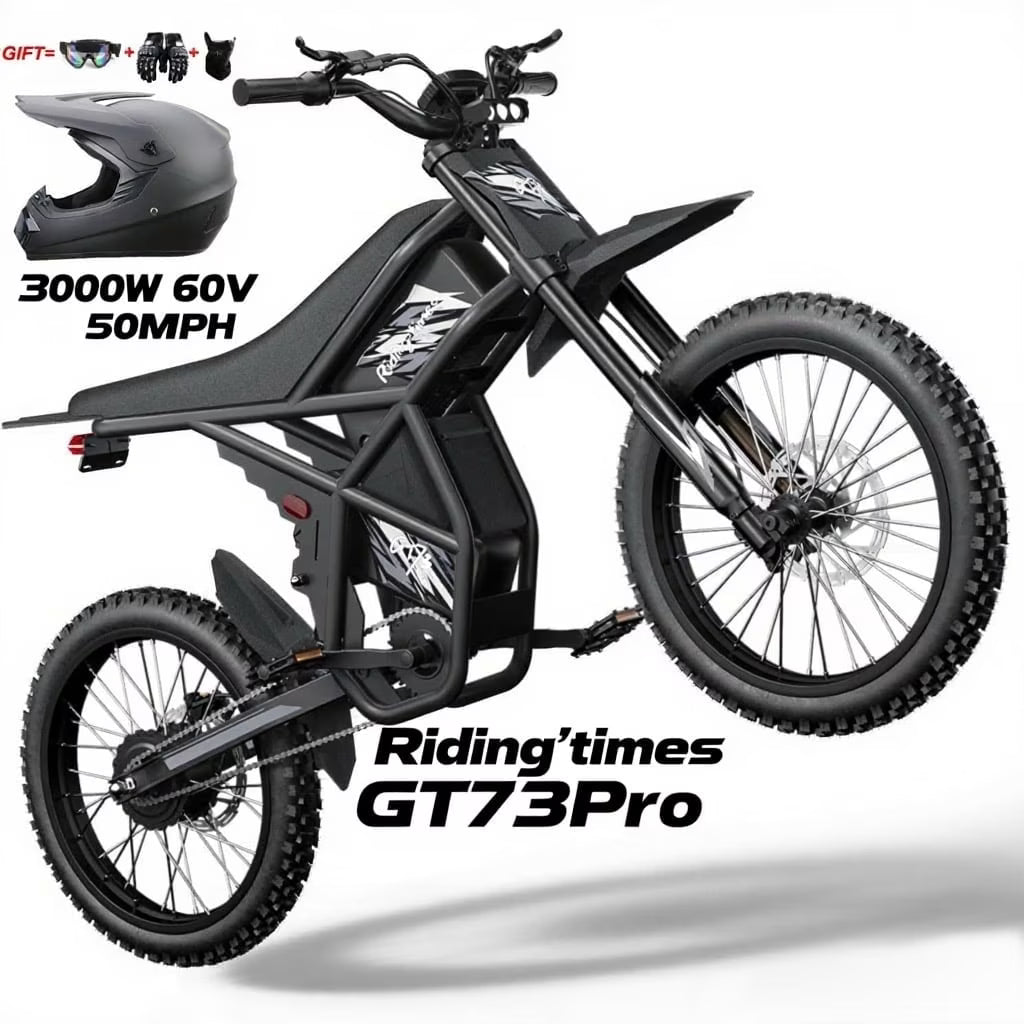 2000W Electric Dirt Bike for Adults Ridingtimes GT73 UL2849, Brushless Hub Motor, 18.2ah*2 Electric Bike with 25" Tires Digital Screen Carbon Steel, Black