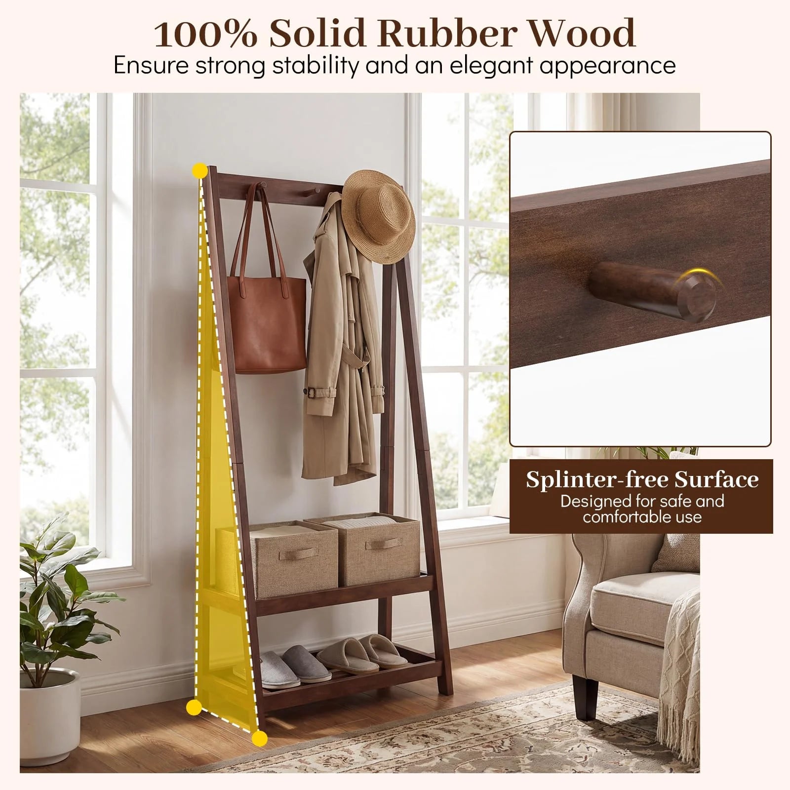 Tangkula Freestanding Rubber Wood Garment Rack with 3 Hooks and 2 Shelves