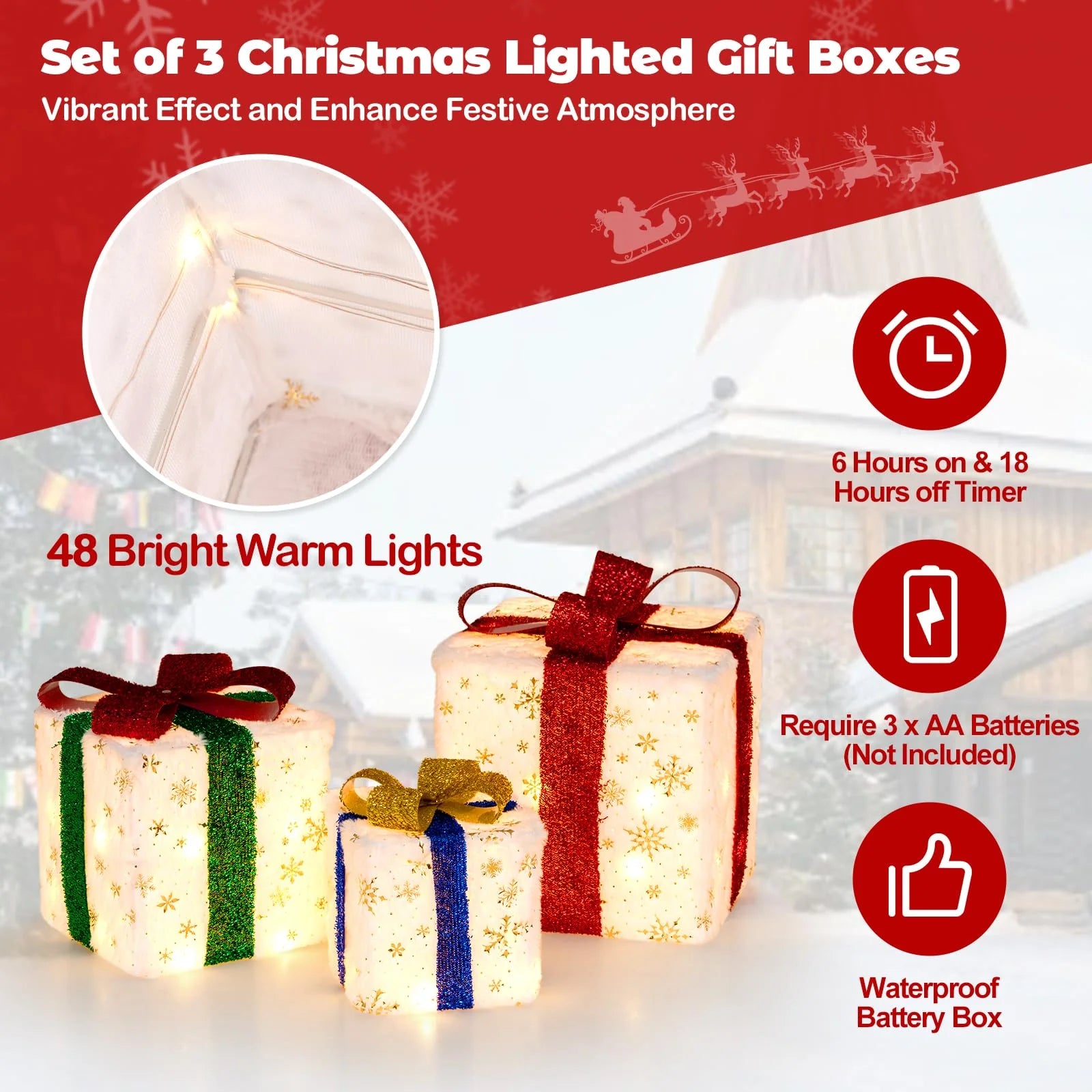 Tangkula Set of 3 Christmas Lighted Gift Boxes, Pre-lit Christmas Decoration with 48 Bright Warm Lights