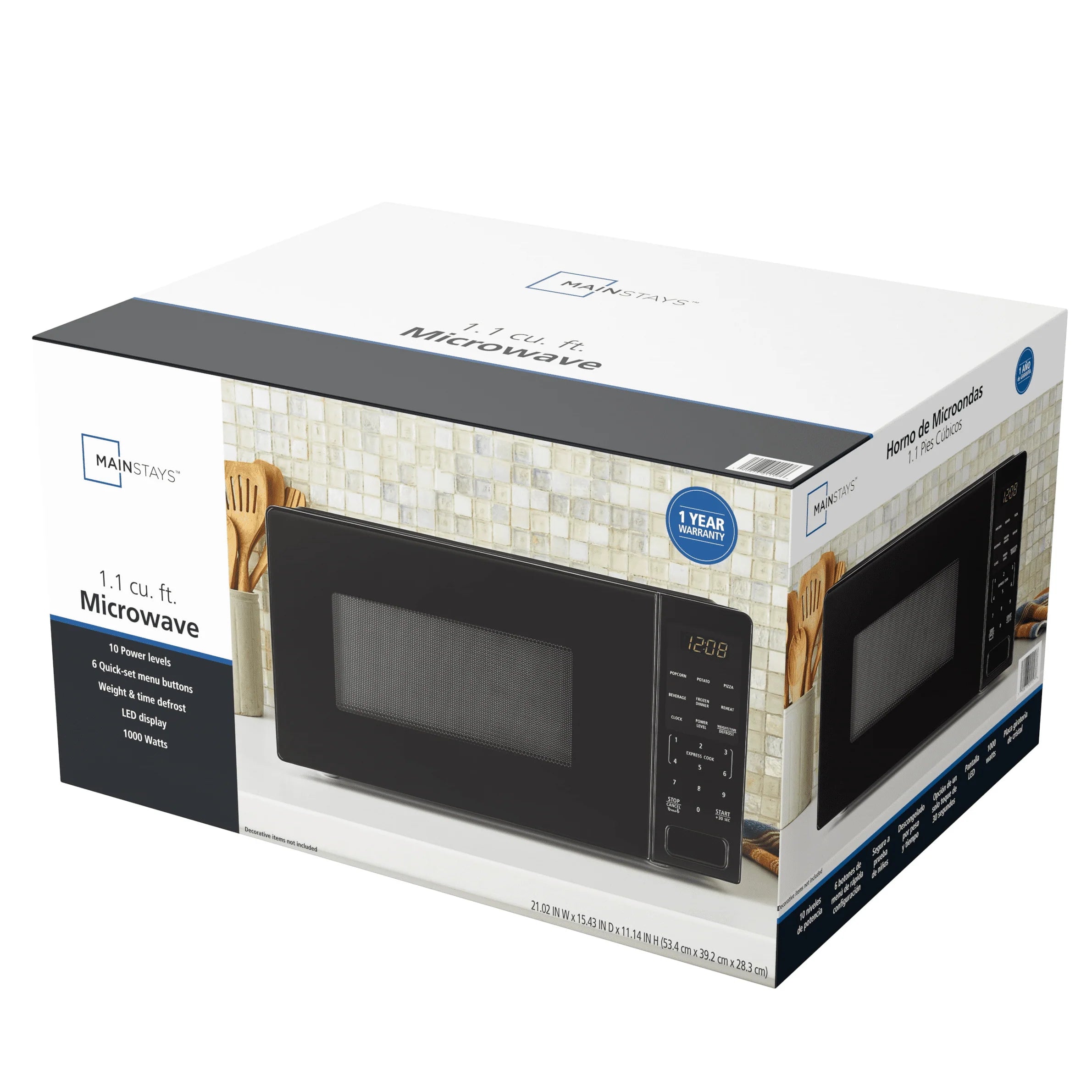 Mainstays 1.1 Cu. Ft. Countertop Microwave Oven, 1000 Watts, Black, New