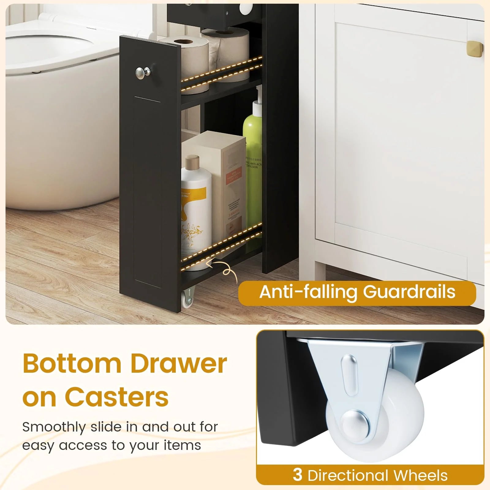 Tangkula Small Bathroom Storage Cabinet 4-Tier with Slide Out Drawers on Casters