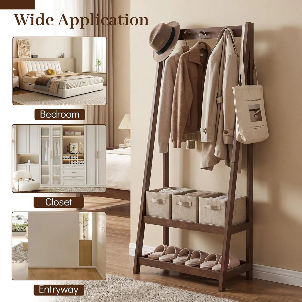 Tangkula Freestanding Rubber Wood Garment Rack with 3 Hooks and 2 Shelves