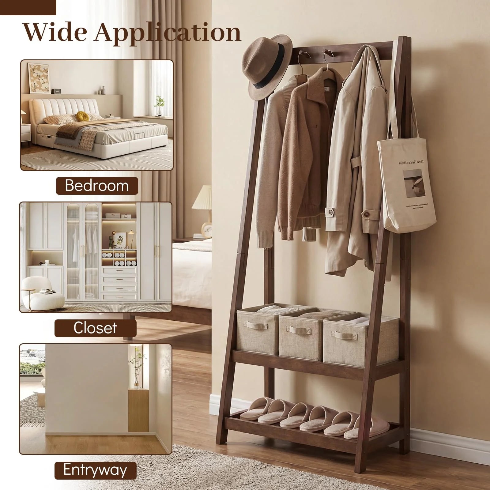Tangkula Freestanding Rubber Wood Garment Rack with 3 Hooks and 2 Shelves