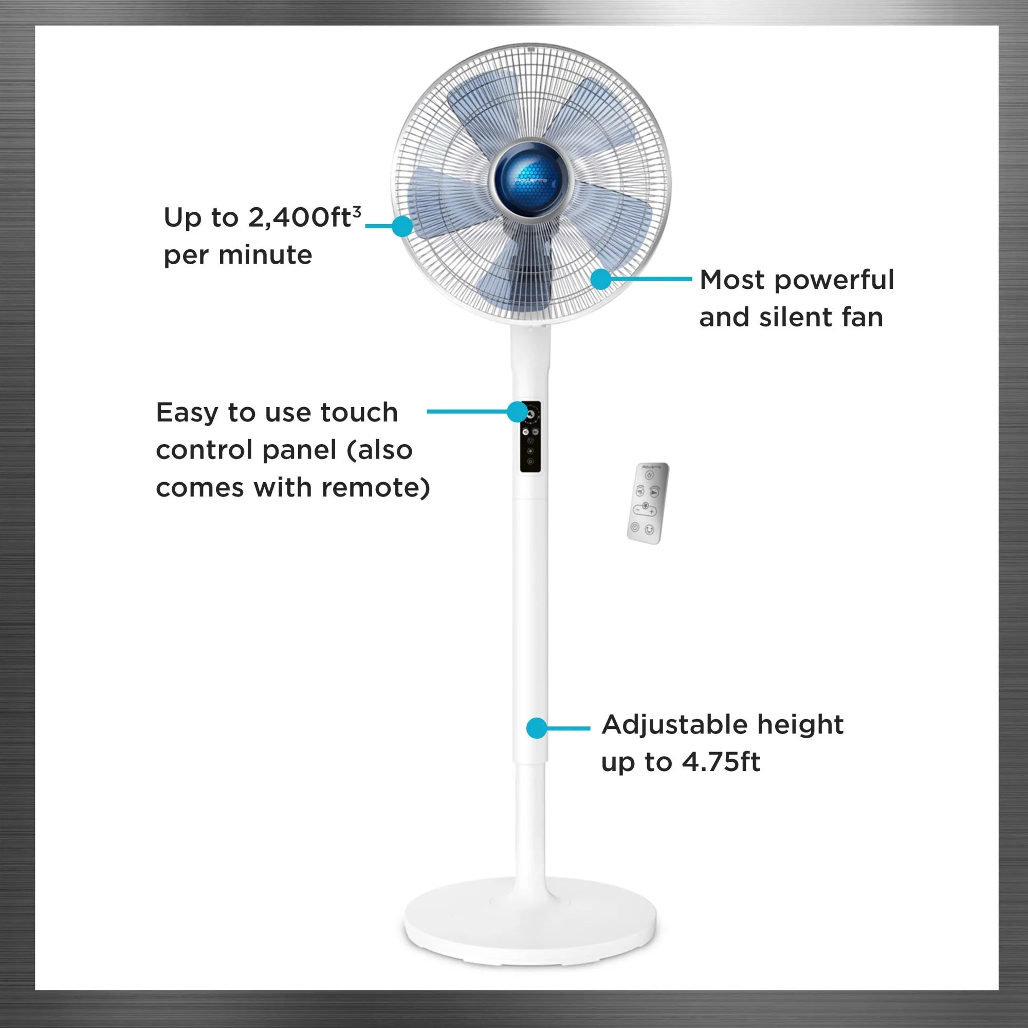 Rowenta Turbo Silence Standing Floor Fan with Remote, 53 in, Portable, 5 Speeds, VU5670