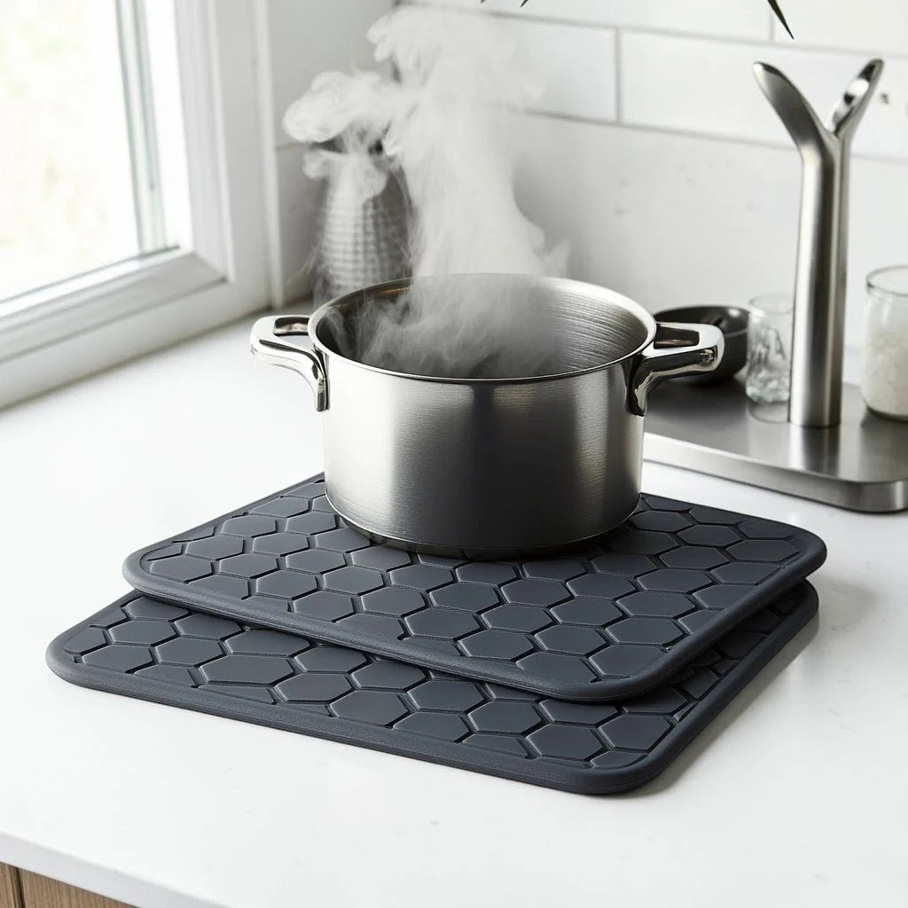 Zaldy Silicone Trivet Mats Set of 4 - Extra Thick Honeycomb Design - Heat Resistant up to 480F - Non-Slip Pot Holders & Jar Opener - Charcoal Grey