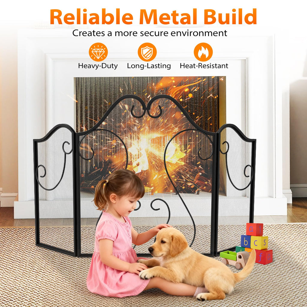 Tangkula 3 Panel Fireplace Screen with Decorative Scroll
