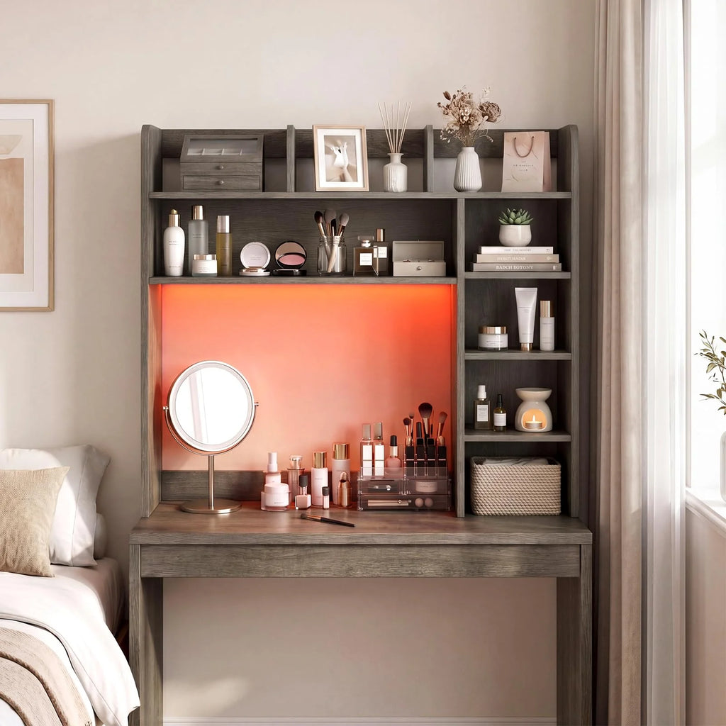 Tangkula Desktop Bookshelf with LED Lights | Desk Hutch with 8 Shelves for Max 25" Monitor