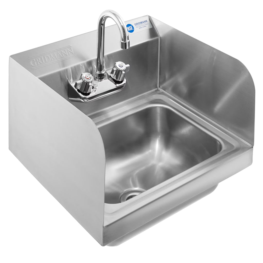 GRIDMANN Commercial NSF Stainless Steel Hand Washing Sink W/ Side Splashes & Faucet, Wall Mount