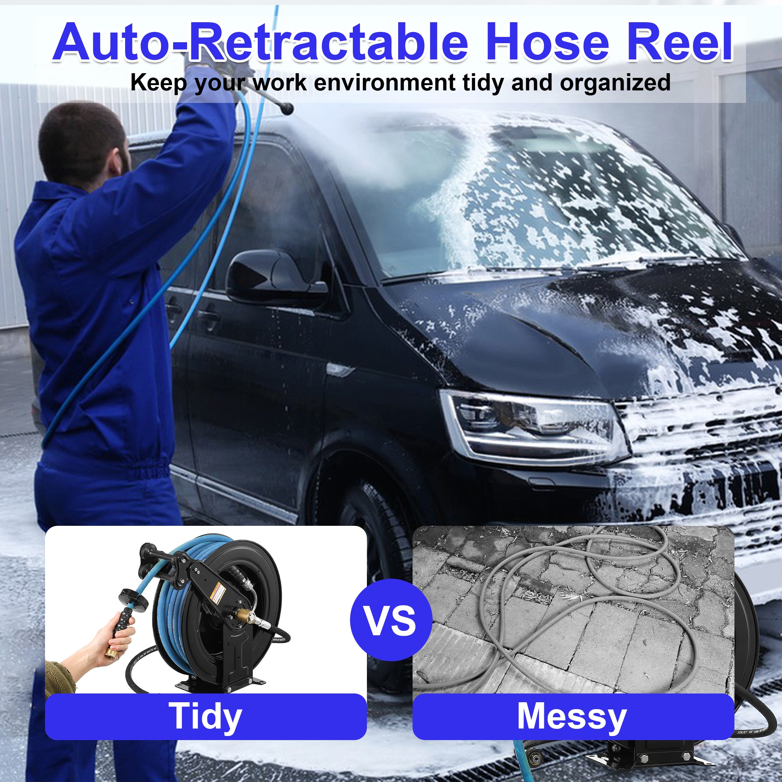 Auto - Retractable Pressure Washer Hose Reel, 50FT x 3/8" Heavy Duty Steel Power Washer Hose Reel Dual Arm, 4000 PSI