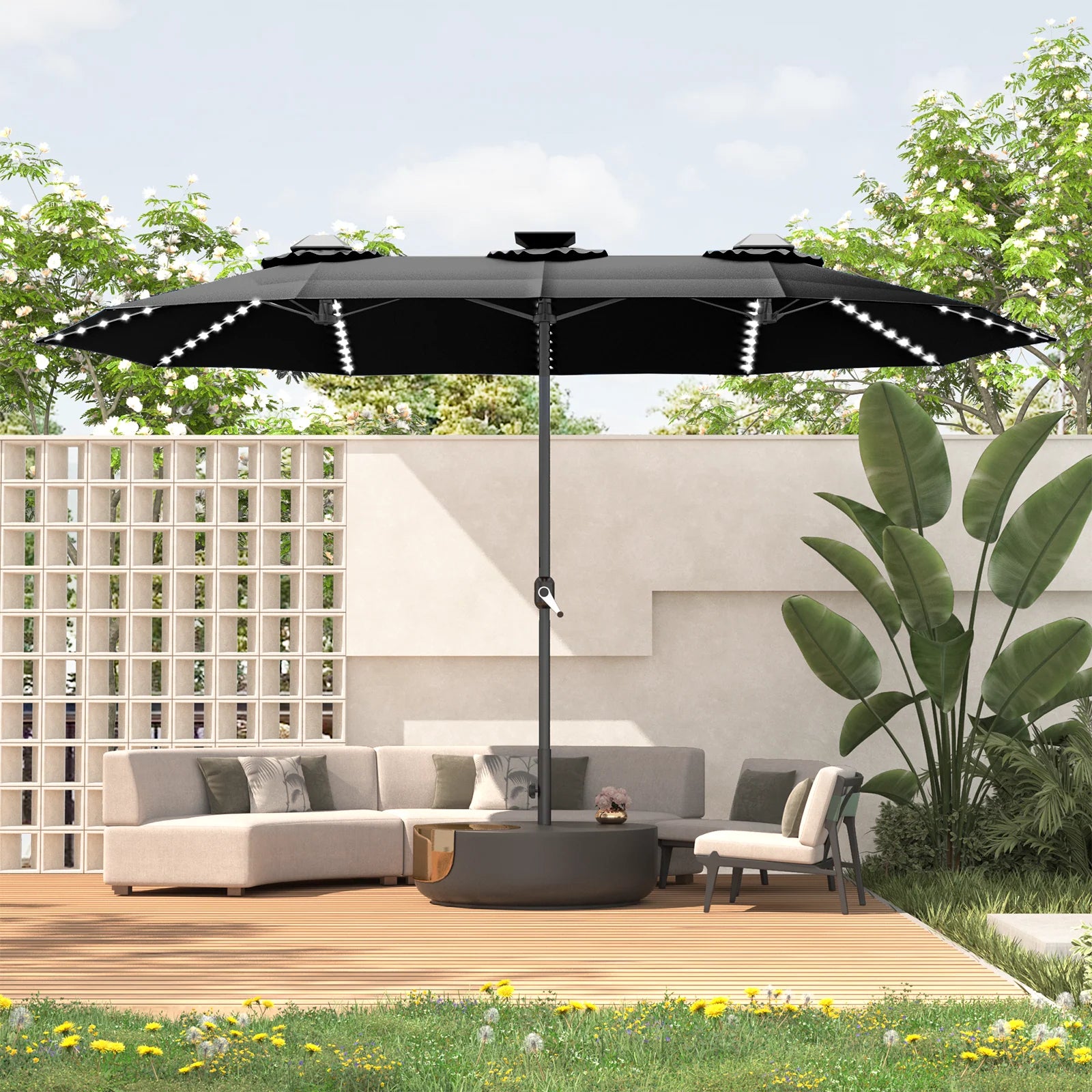 AECOJOY 15ft Patio Double-Sided Umbrella, 156 PCS Solar LED Light Outdoor Large Umbrella, Black