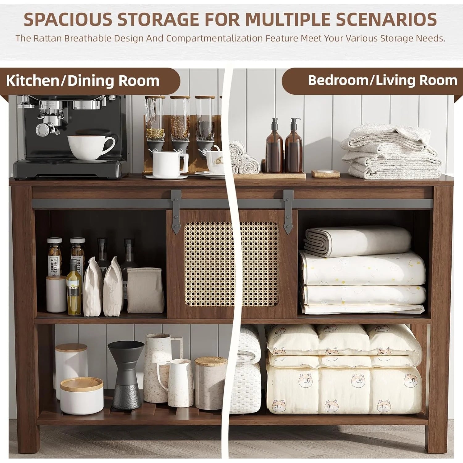 AECOJOY Buffet Cabinet, Coffee Bar Storage Cabinet, 46'' Coffee Bar Table with Rattan Sliding Barn Door, Adjustable Shelves and Bottom Open Shelf