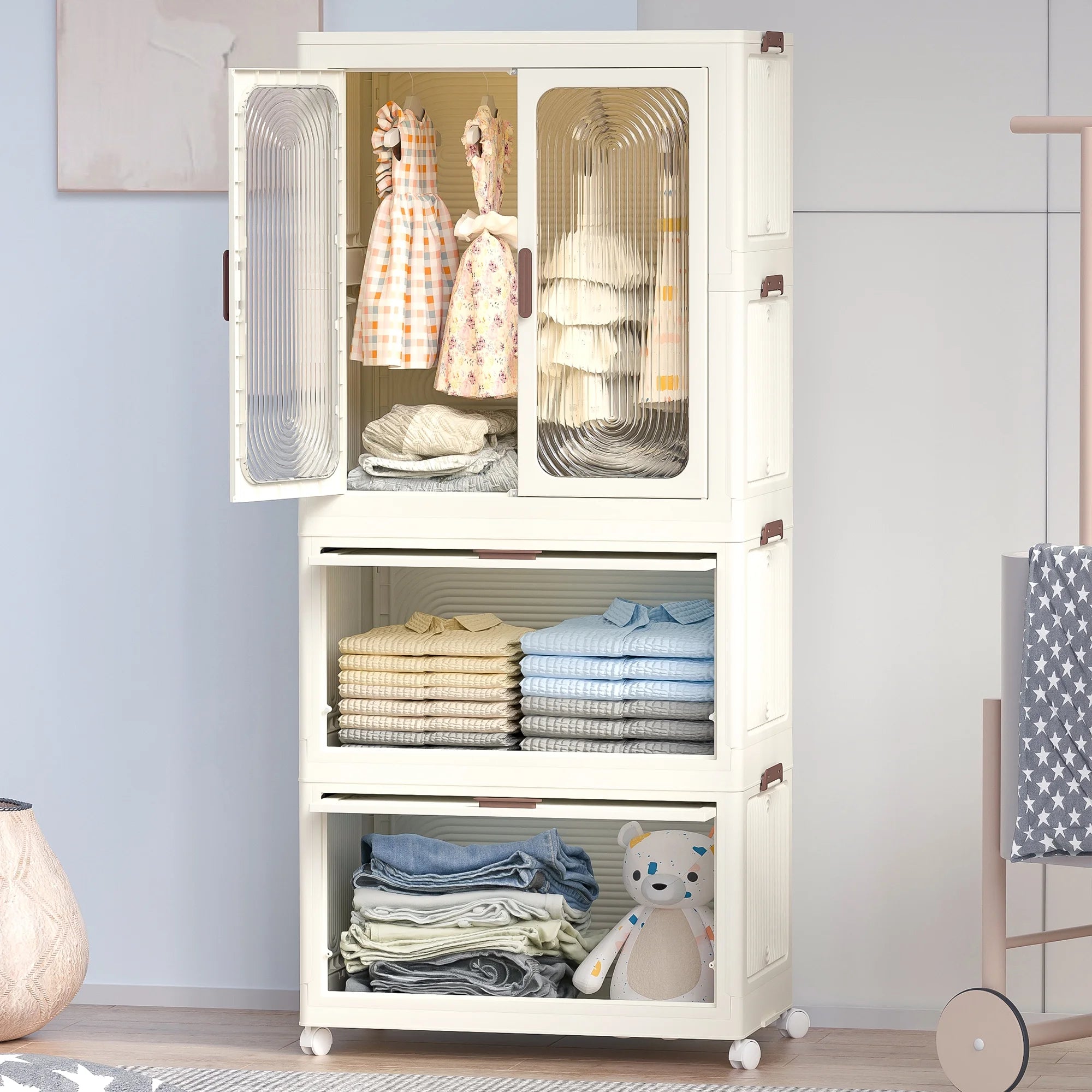 Montary Kids Portable Wardrobe W/ Magnetic Doors & Hanging Rod - 4 - Cube Plastic Storage Cabinet, Nursery/Bedroom