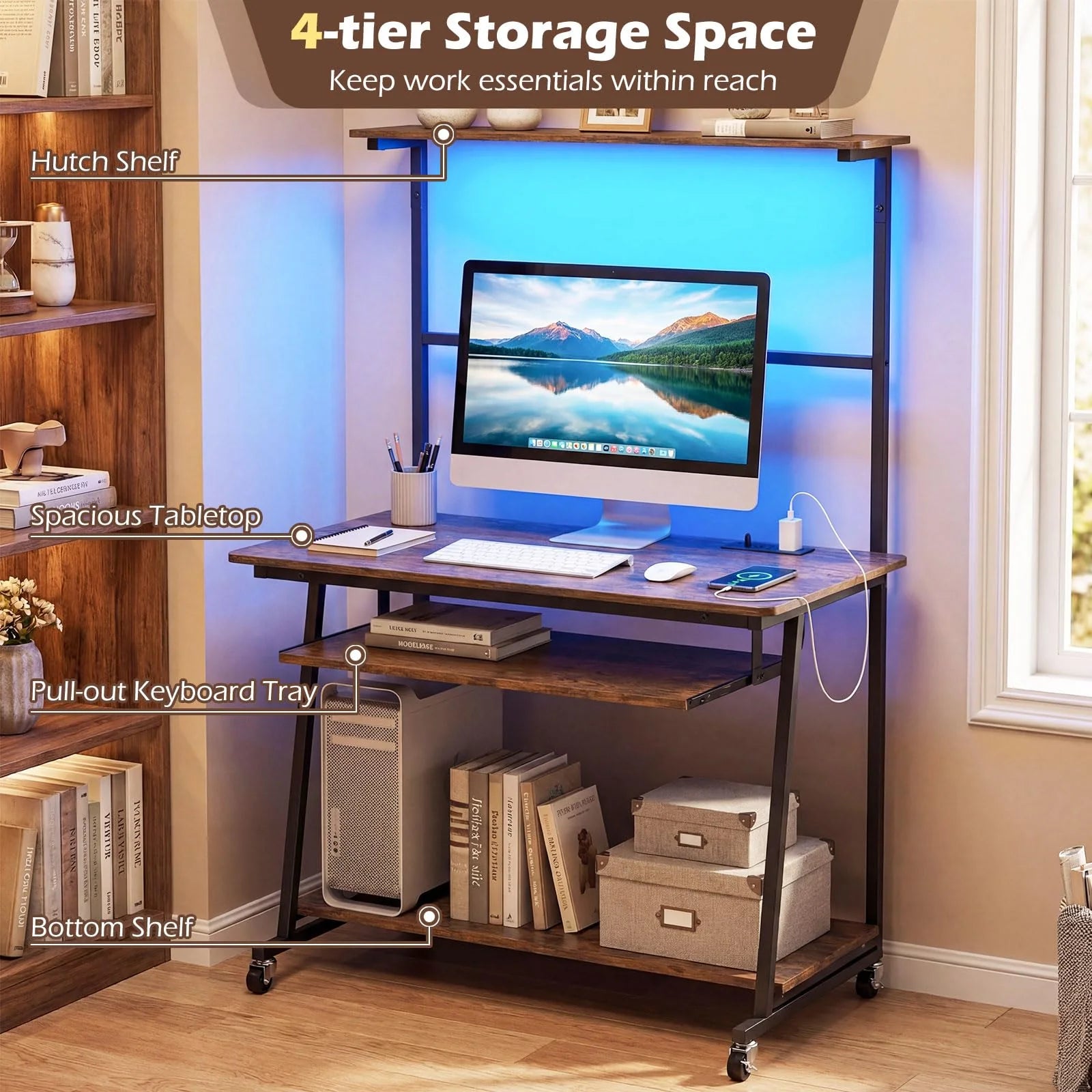Tangkula Rolling Computer Desk Cart with Keyboard Tray & Charging Station