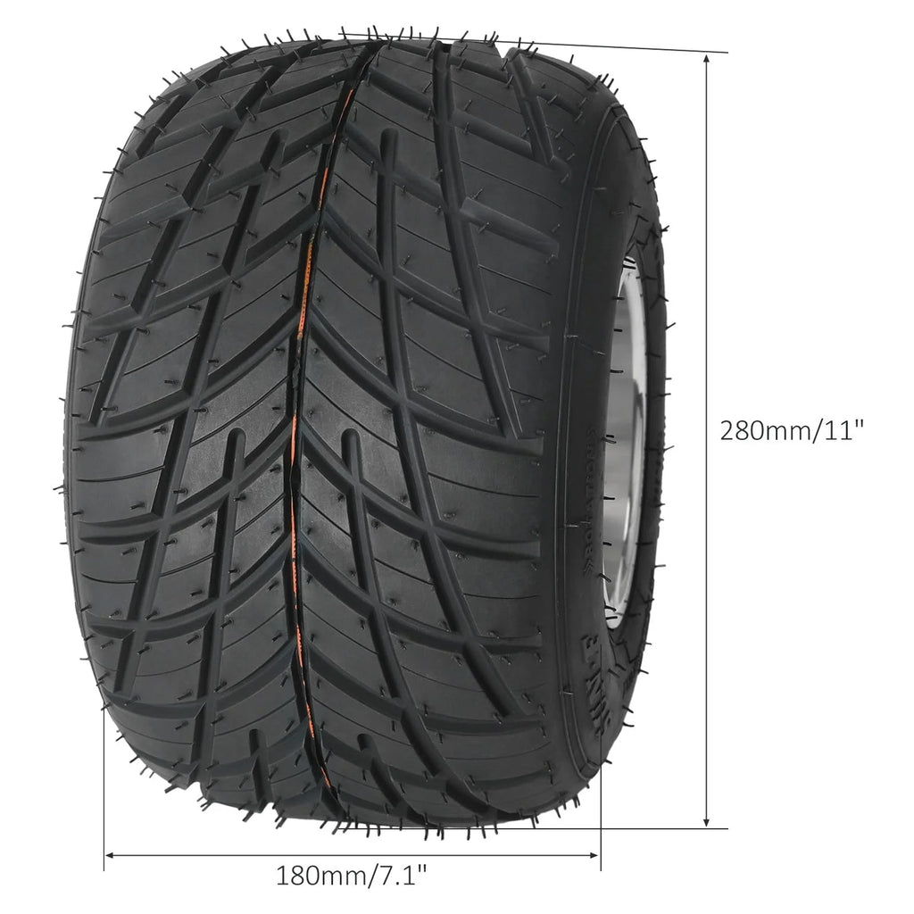 Set 4 Go Kart Tires and Rims, 10x4.50 - 5 Front Tubeless Tires Rims, 11x7.10 - 5 Rear Tires Rims, Go Cart Wheels and Tires Fit Bolt Pattern 58 Mm with 3 Holes Drift Trike, Buggy Lawn Mower