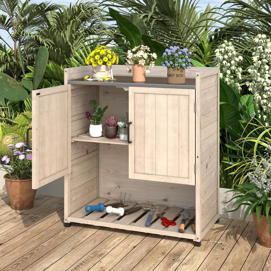 AECOJOY Potting Bench, Outdoor Wooden Storage Cabinet with Adjustable Shelf, Metal Tabletop