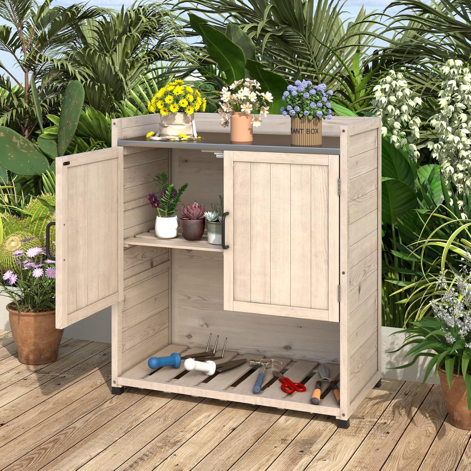 AECOJOY Potting Bench, Outdoor Wooden Storage Cabinet with Adjustable Shelf, Metal Tabletop