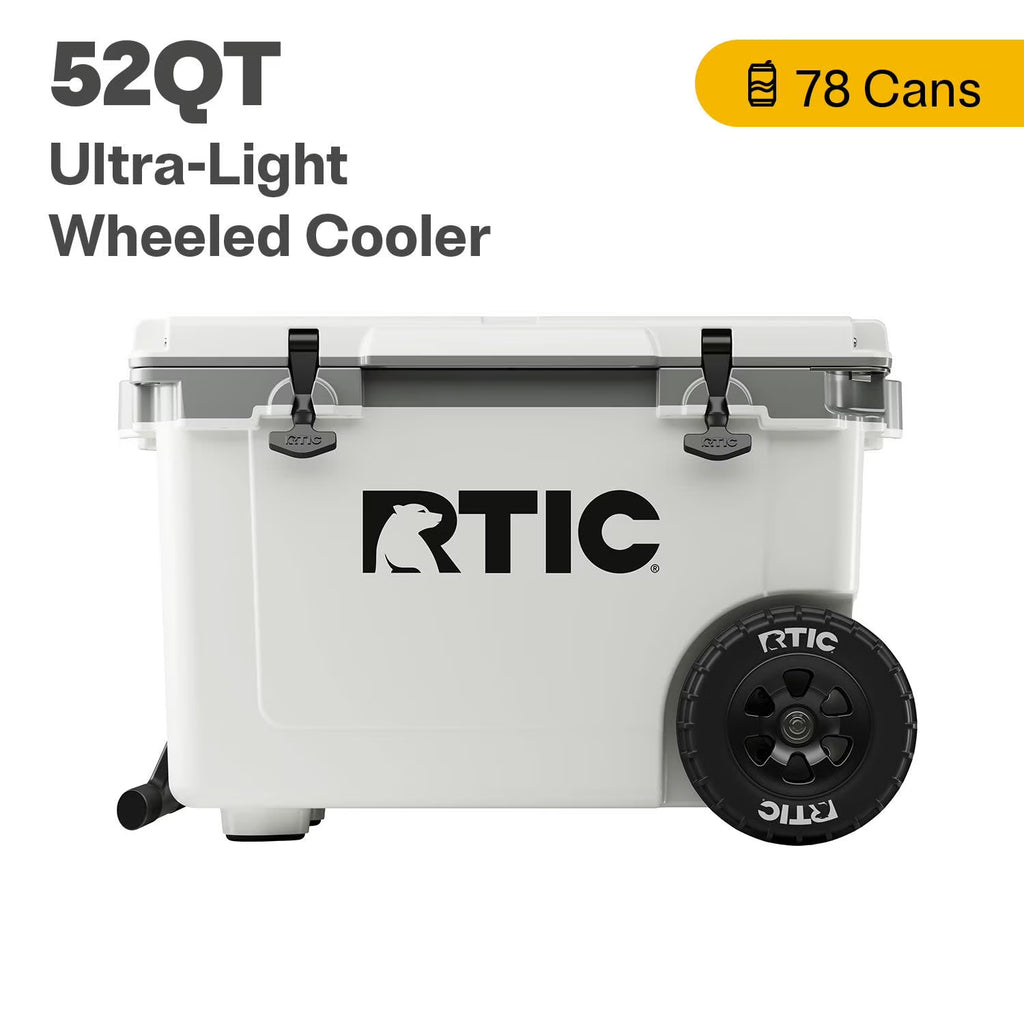 RTIC 52 QT Ultra - Light Wheeled Hard - Sided Ice Chest Cooler, Fits 78 Cans, White & Grey