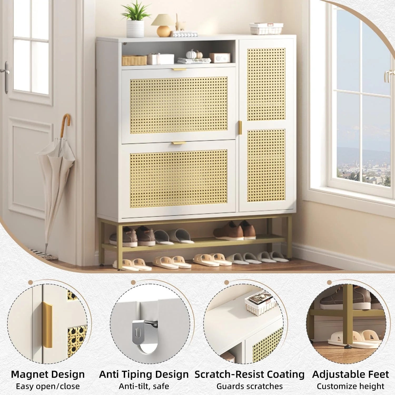 AECOJOY Rattan Shoe Cabinet with 3 Flip Drawers, Free Standing Shoe Storage Organizer with Adjustable Shelves, Fits 13 Shoes
