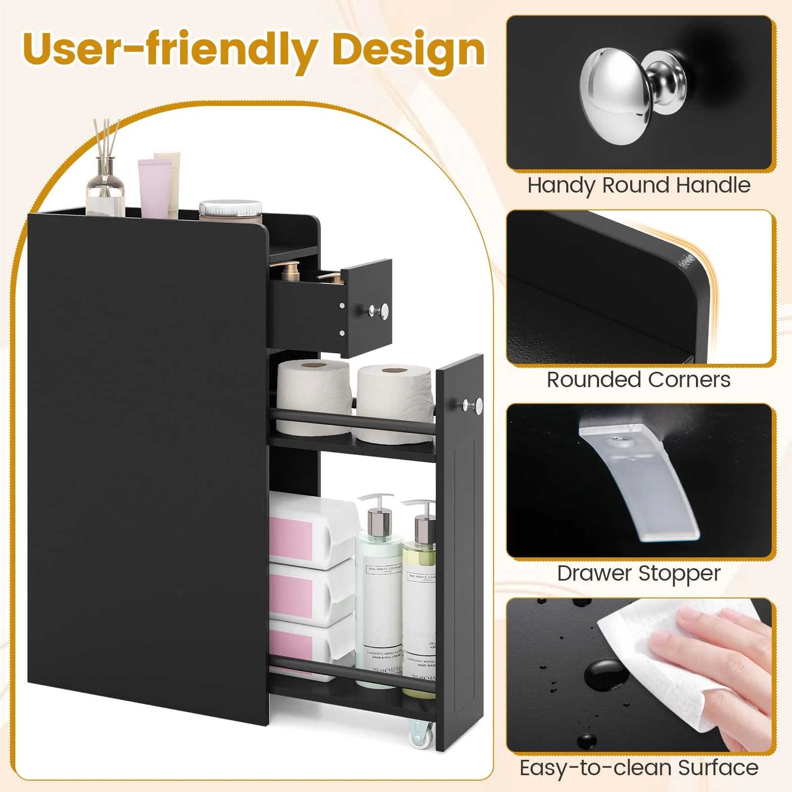 Tangkula Small Bathroom Storage Cabinet 4-Tier with Slide Out Drawers on Casters
