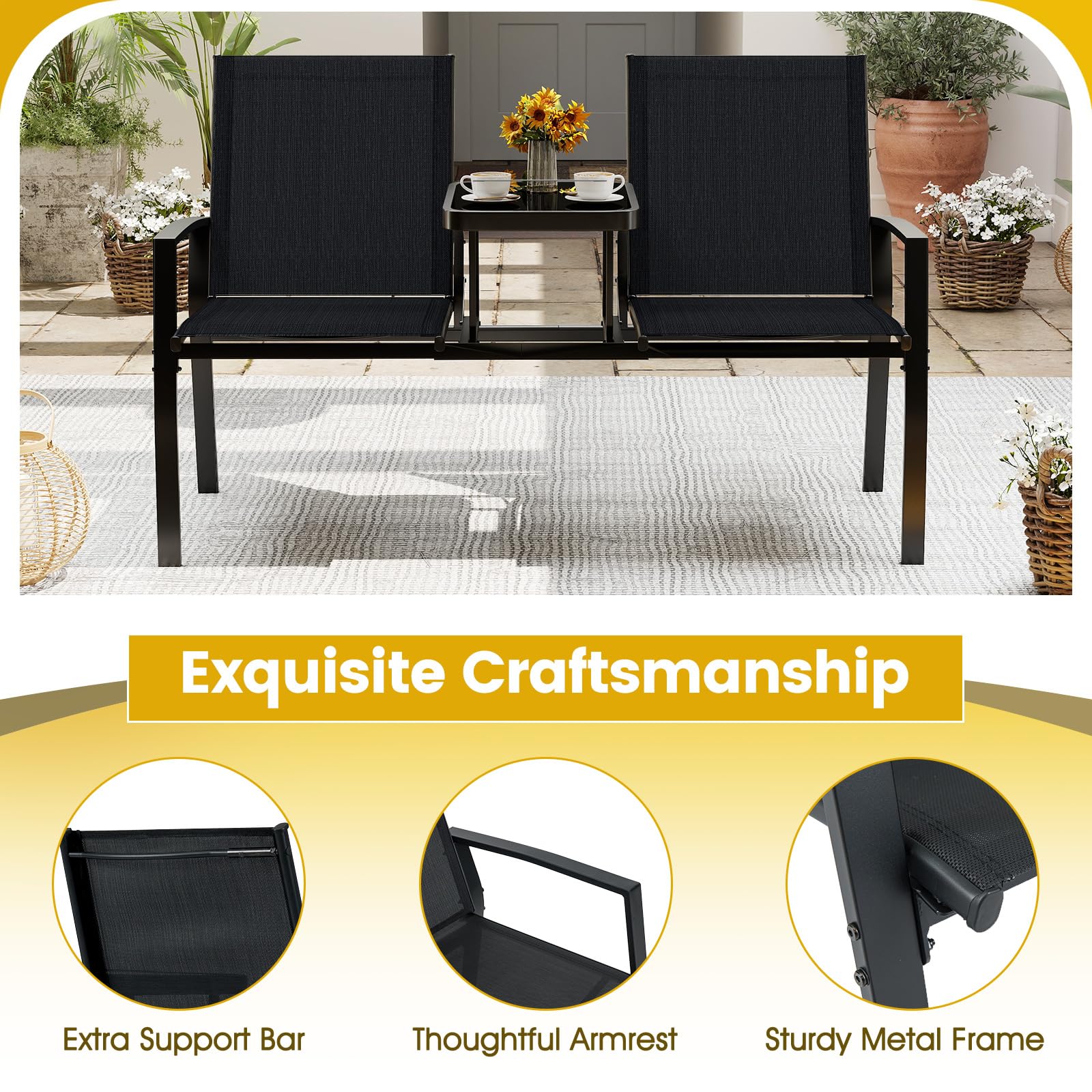Tangkula Patio Loveseat with Built-in Table with Breathable Fabric Back