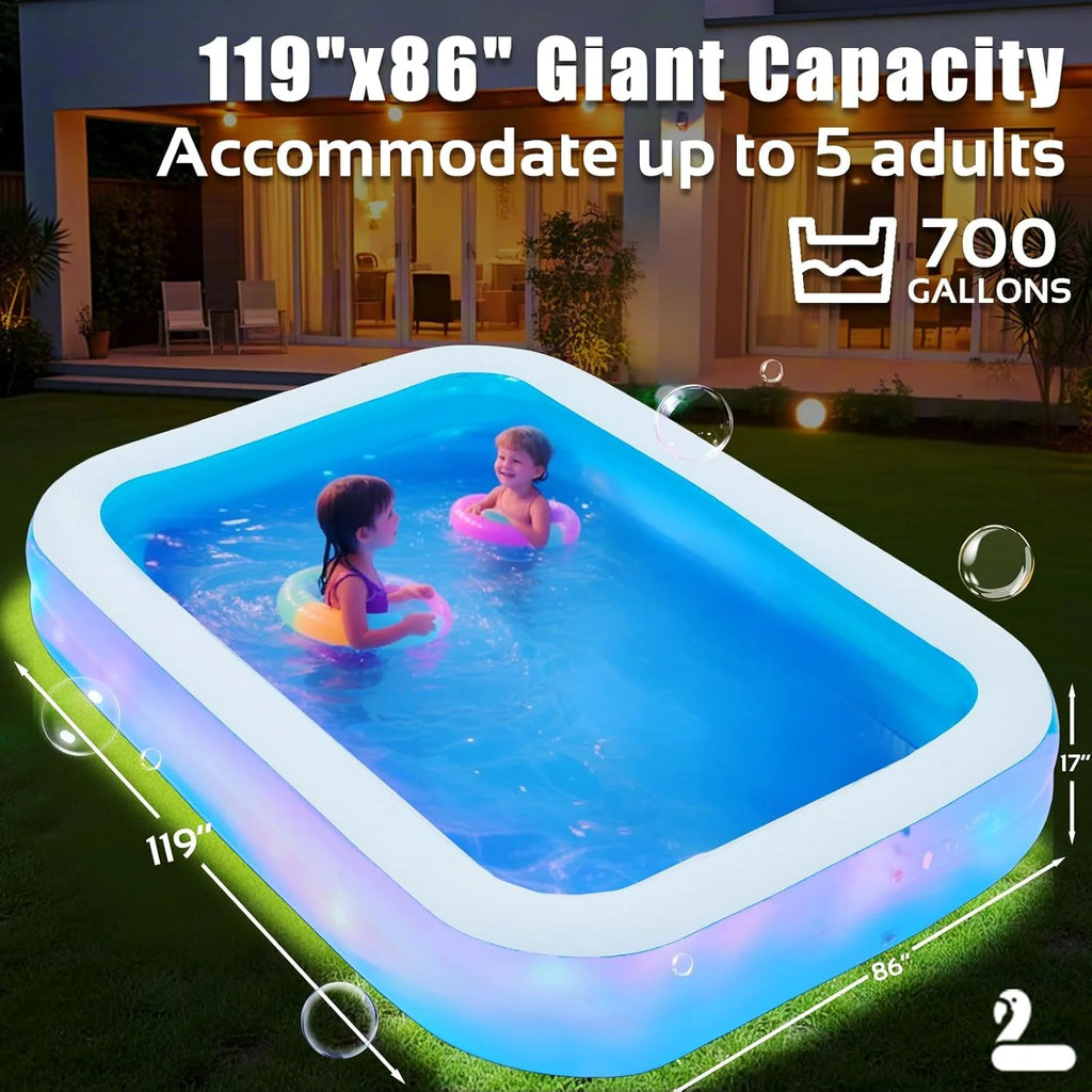 AECOJOY 119"x84"x17" Inflatable Pool with LED Lights, 3 Light Modes, 2-Ring Blow Up Pool for Adults & Kids(Includes Electric Air Pump)