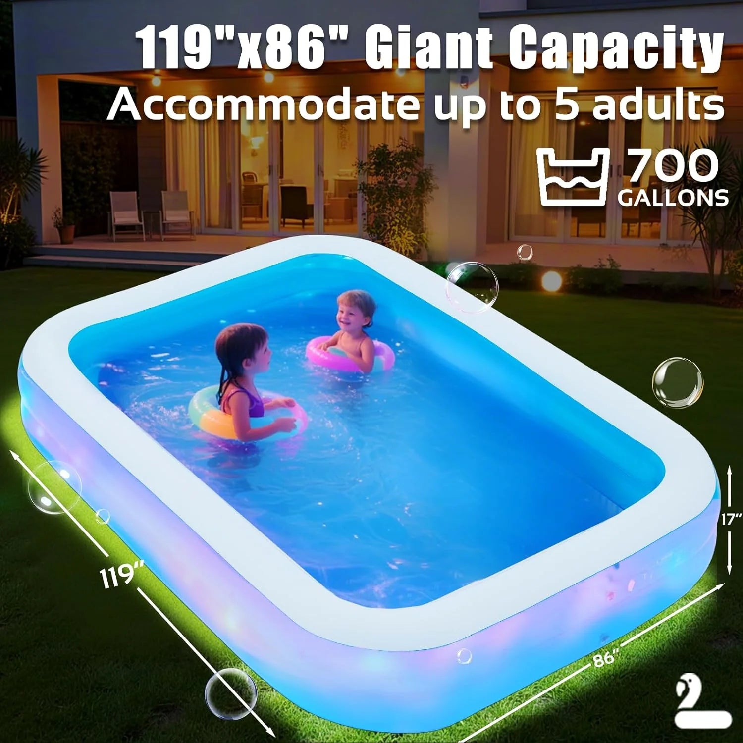 AECOJOY 119"x84"x17" Inflatable Pool with LED Lights, 3 Light Modes, 2-Ring Blow Up Pool for Adults & Kids(Includes Electric Air Pump)