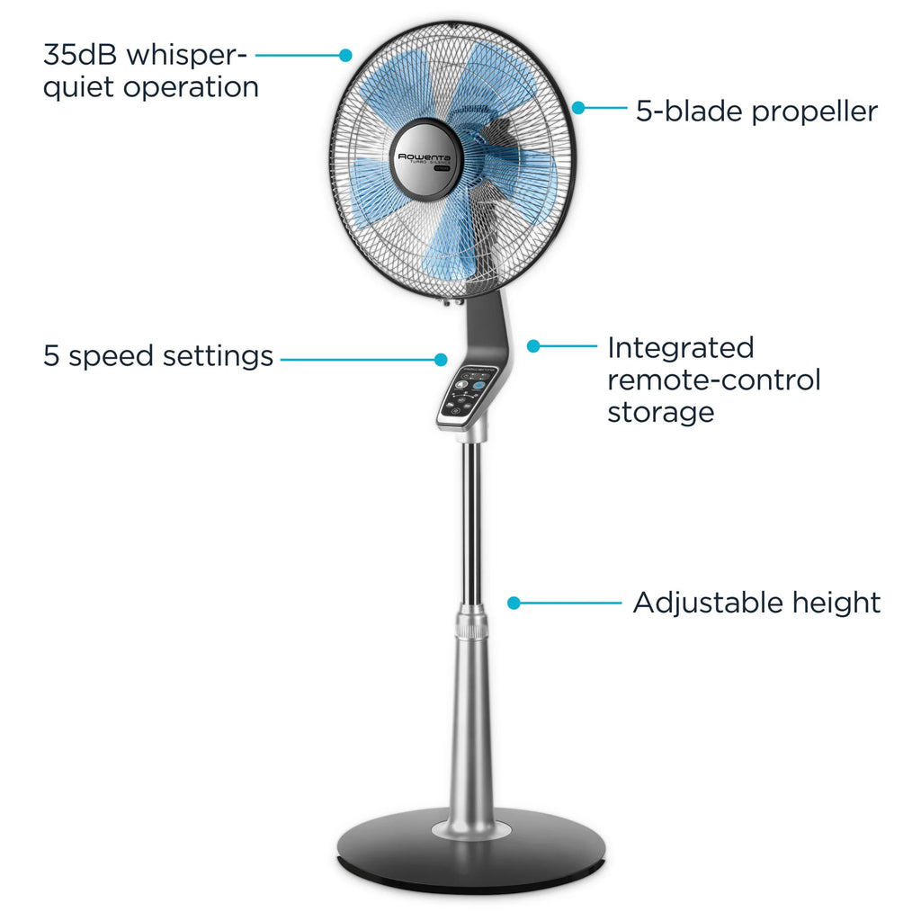 Rowenta Turbo Silence Standing Floor Fan with Remote, 53 in, Portable, 5 Speeds, VU5670