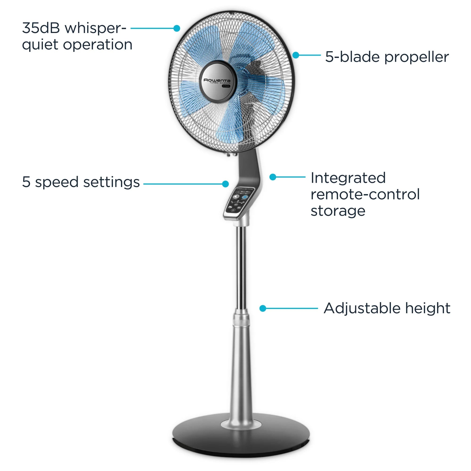 Rowenta Turbo Silence Standing Floor Fan with Remote, 53 in, Portable, 5 Speeds, VU5670