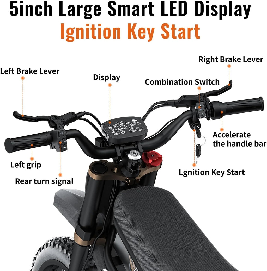 2000W Electric Dirt Bike for Adults Ridingtimes GT73 UL2849, Brushless Hub Motor, 18.2ah*2 Electric Bike with 25" Tires Digital Screen Carbon Steel, Black