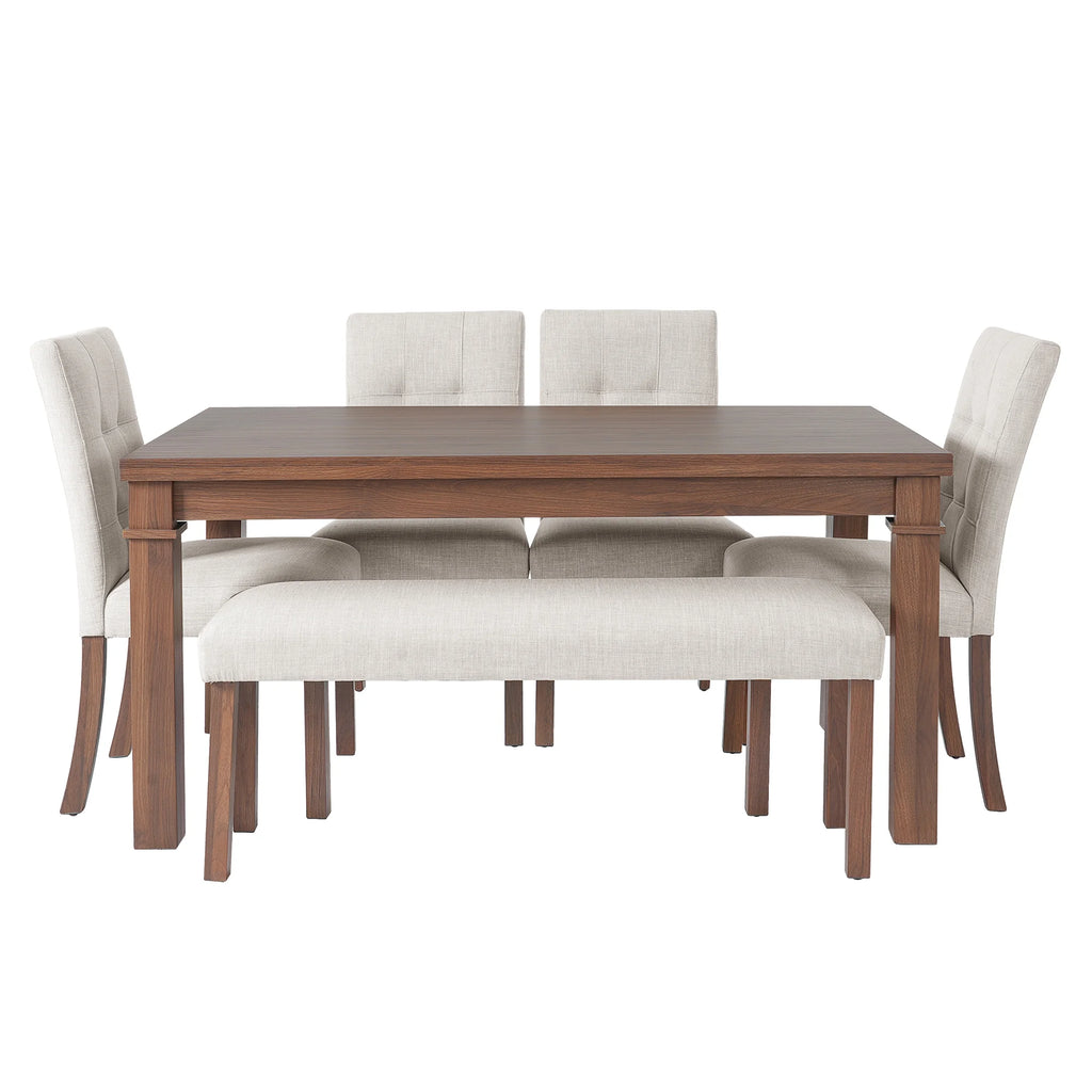 Euroco 6 - Piece Wood Dining Table Set for 6, Modern Rectangular Kitchen Table with 4 Upholstered Chairs & Bench for Kitchen Dining Room, Walnut