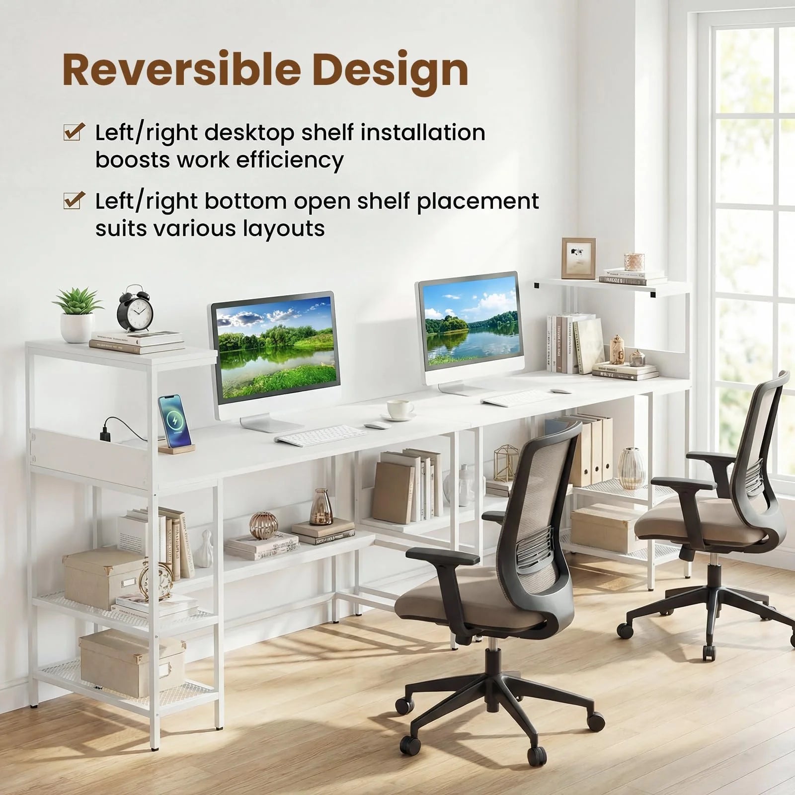 Tangkula 48" Reversible Computer Desk with Bookshelves & Power Outlets