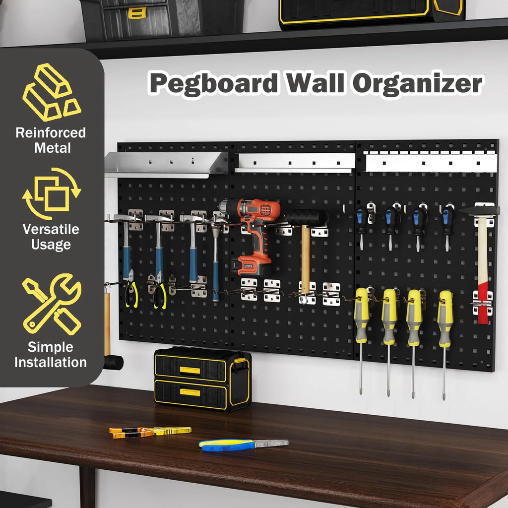 3 Pcs Metal Pegboard Panels w/25 Hooks, Storage Platform & Square Hole, Heavy Duty Pegboard Wall Organizer, Peg Board for Workshop Tool Storage