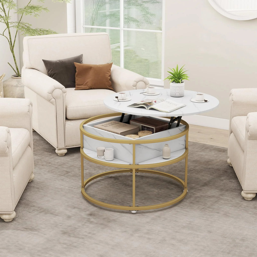 Tangkula Lift Top Coffee Table 31.5" Round Center Table with Hidden Compartment & Side Shelves