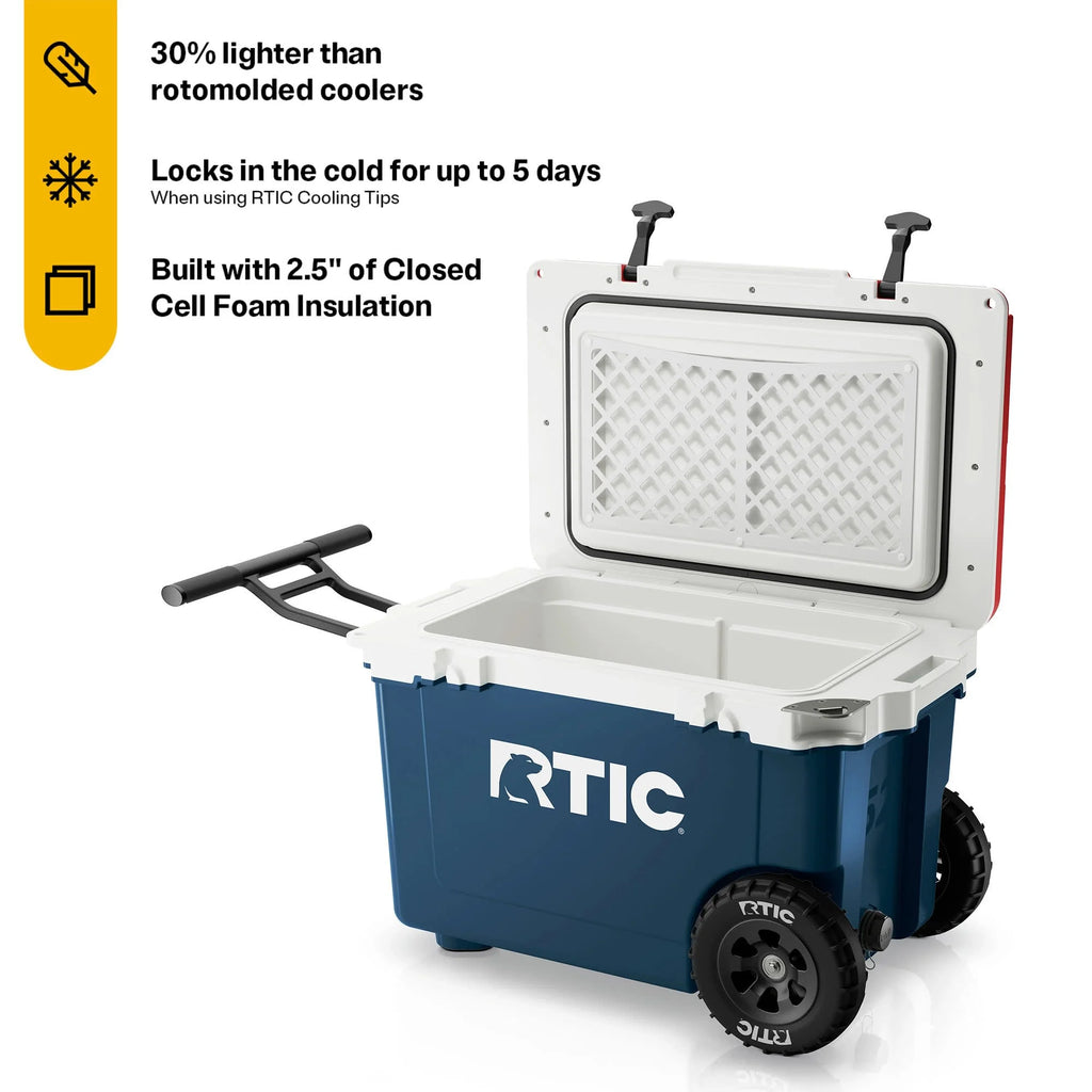 RTIC 52 QT Ultra - Light Wheeled Hard - Sided Ice Chest Cooler, Fits 78 Cans, White & Grey