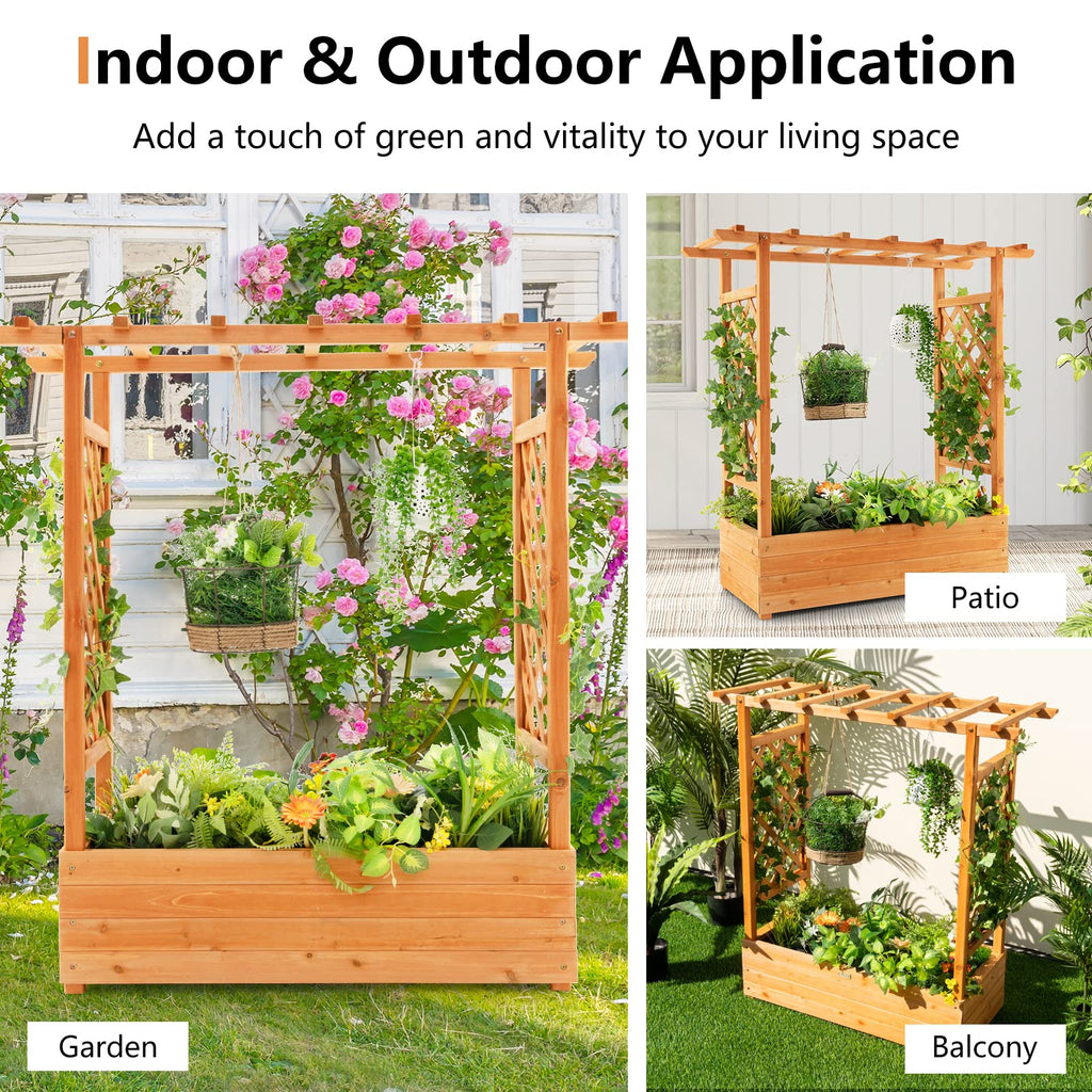 Raised Garden Bed with Arch Trellis & Hanging Roof, Freestanding Fir Wood Elevated Planter Box with Drainage Holes for Climbing Plants Flowers Vines