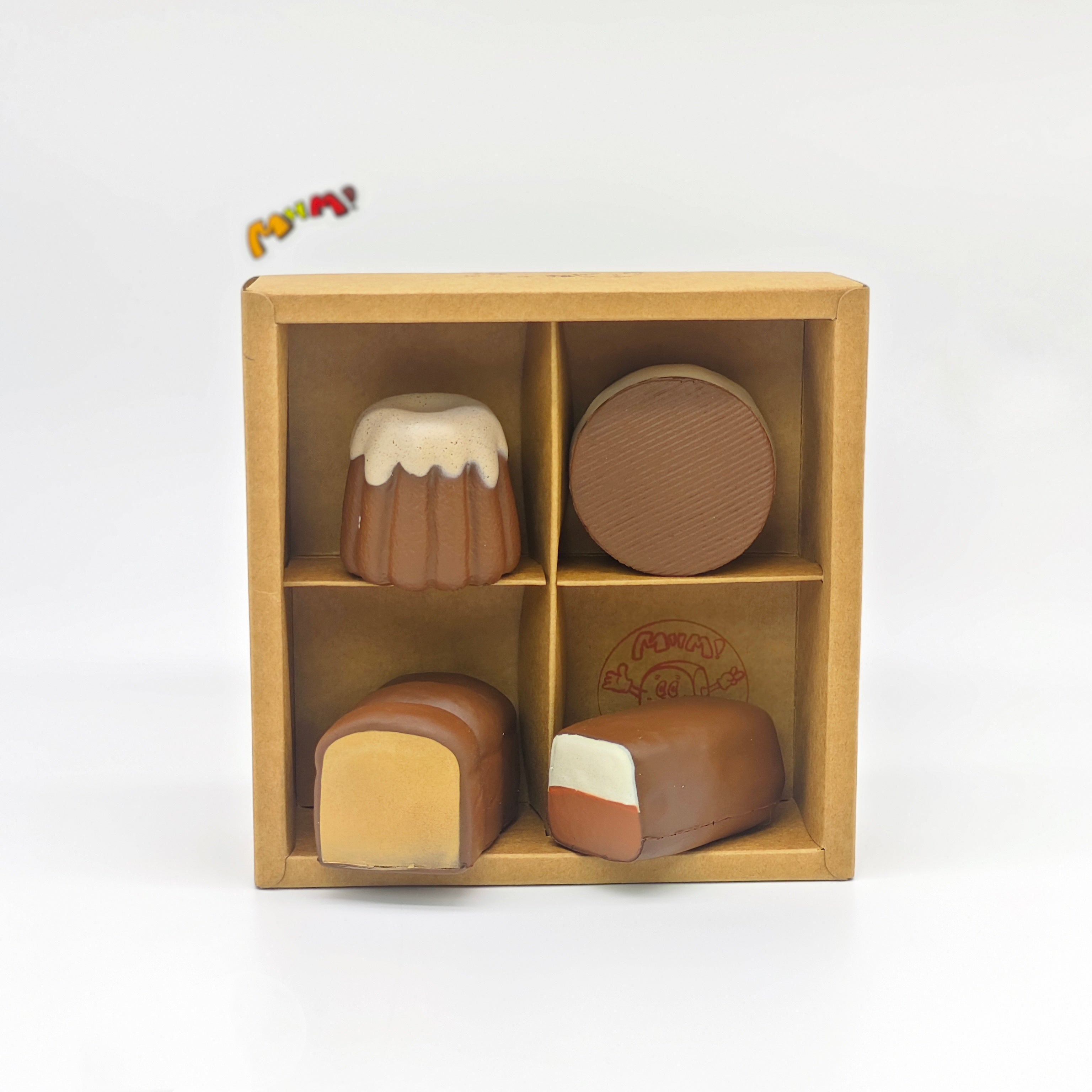 🍫 4-grid Mini Chocolate Bread Squishy Set | Bakery Themed Slow Rising Stress Relief Toy