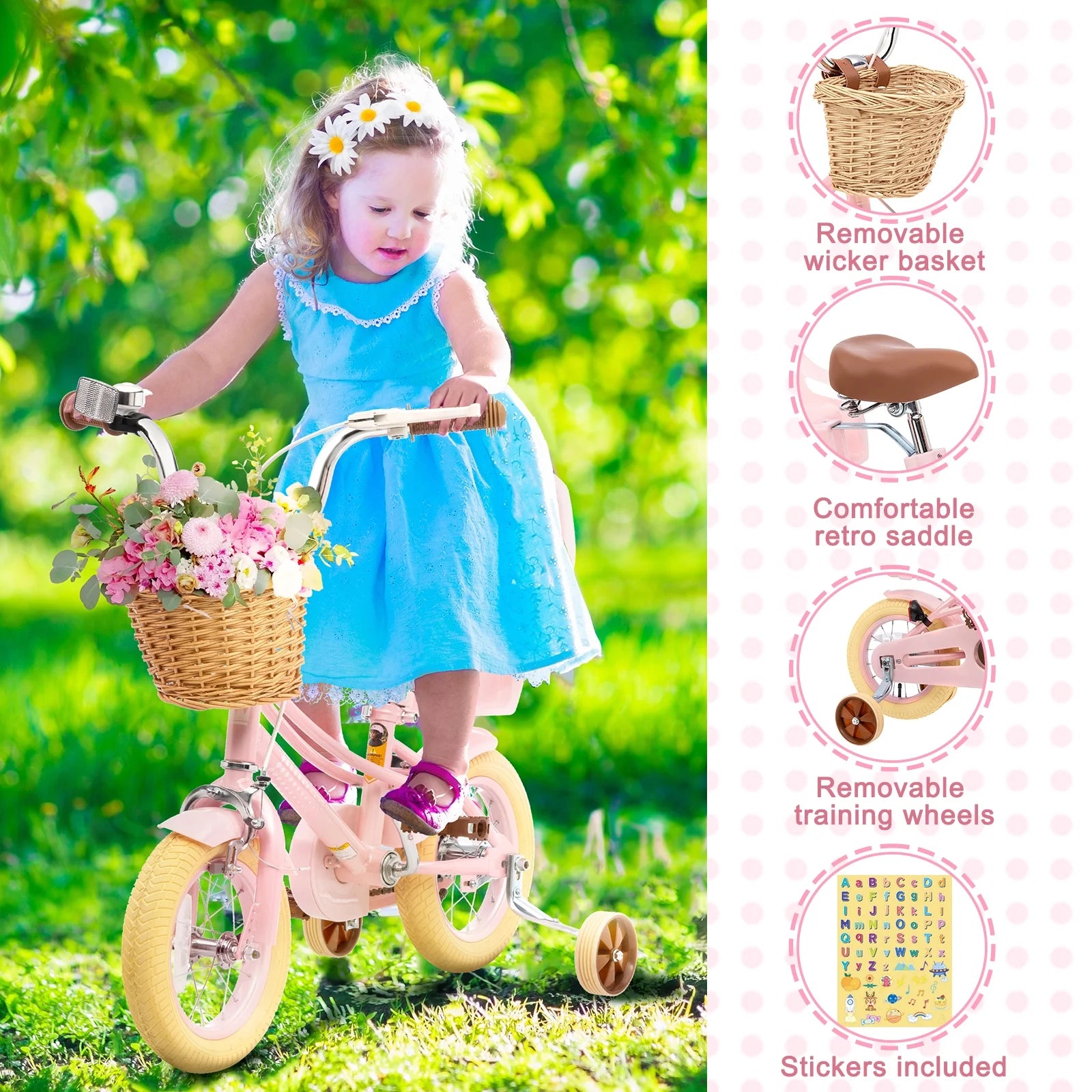 XJD Girls Bike for Toddlers and Kids Ages 2 - 12 Years Old, 12 14 16 in Kids Bike with Training Wheels & Basket, 20 in Girls Bicycle with Handbrake & Kickstand