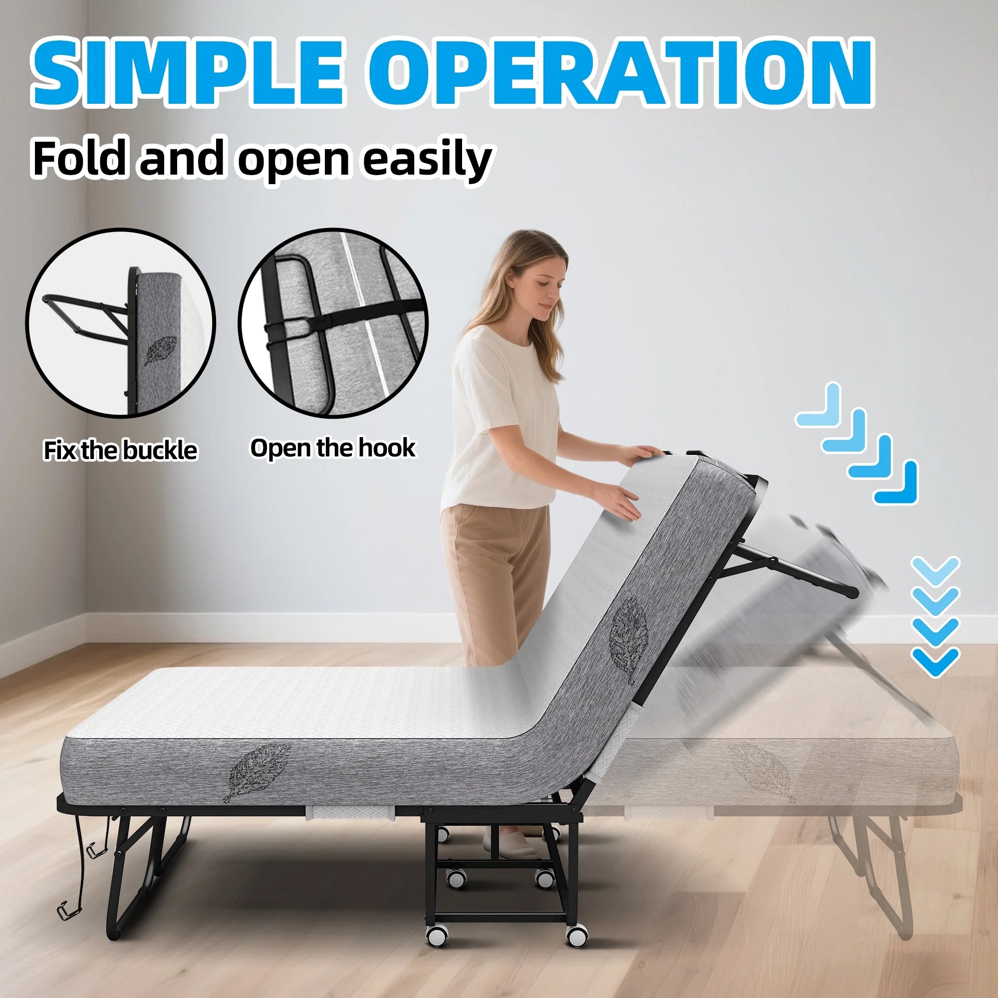 Folding Bed with Mattress 75" x 31" Cot Size Folded Bed, Rollaway Guest Bed Portable Foldable Extra Bed for Adults Daybed with 5" Memory Foam Mattress Space - Saving Sturdy Metal Grid Frame