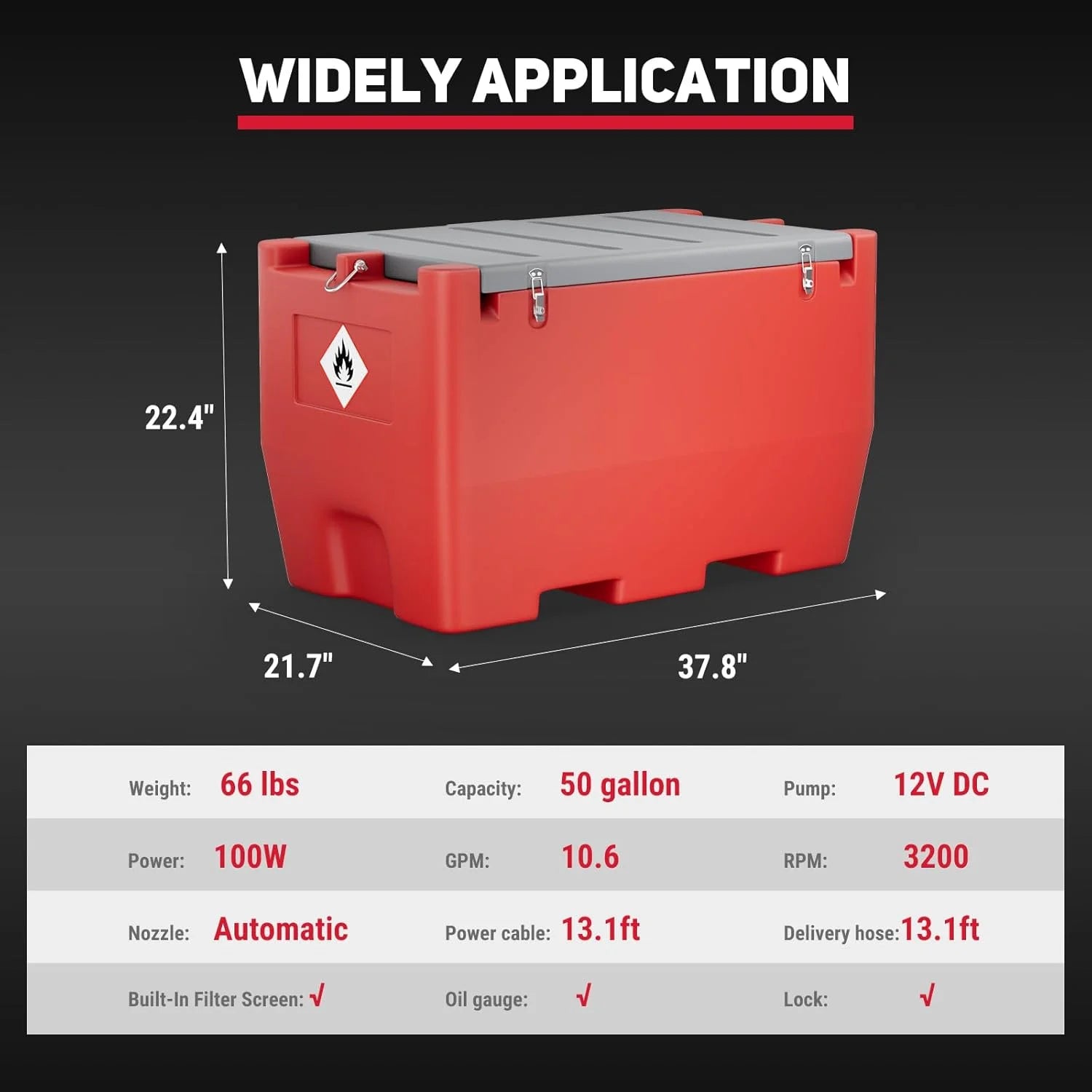 Fuel Transfer Tank, 50 Gallon for Gasoline & Diesel, Gas Tank with 10.6 GPM Fast Flow Rate 12V DC Transfer Pump, 13.1 Ft Power Cord Portable Gas Tank, Red
