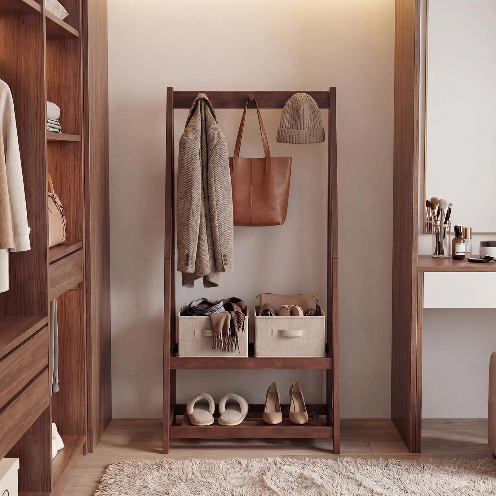 Tangkula Freestanding Rubber Wood Garment Rack with 3 Hooks and 2 Shelves