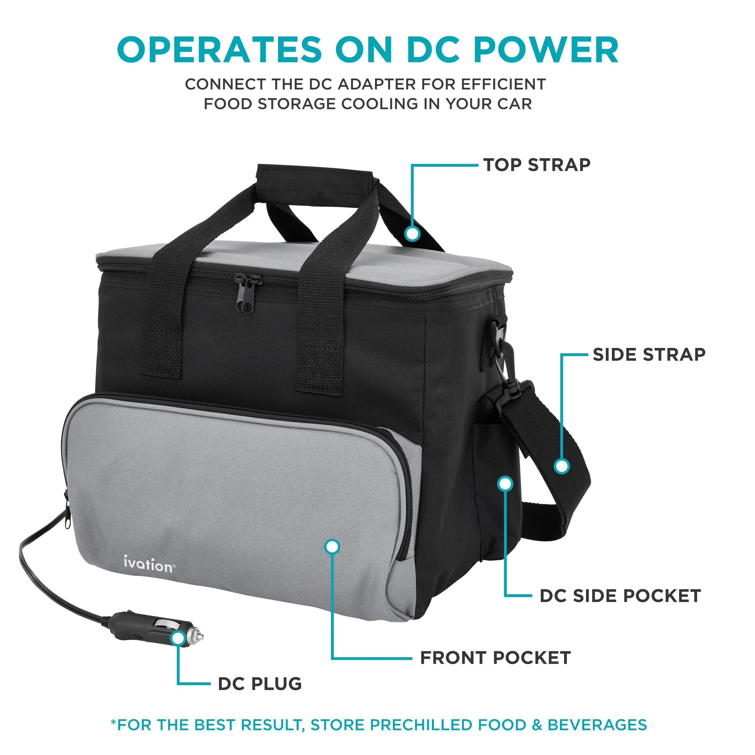 Ivation Portable Electric Cooler Bag | 15 L Soft Sided Thermoelectric Travel Cooler with Shoulder Strap, Storage Pocket & DC 12V Plug in for Car, Truck & RV Camping